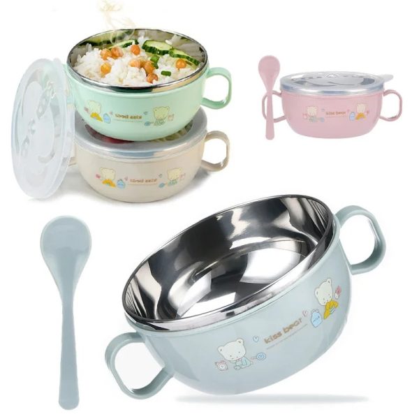 Baby Feeding Bowl with Lids Stainless Steel Insulated Bowl Spoon Set - Image 3
