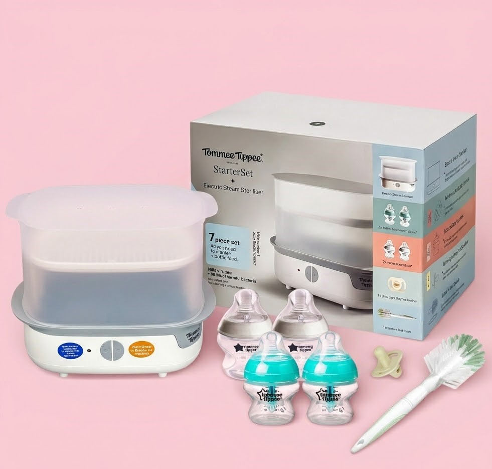 40552-tommee-tippee-7pcs-starter-set-1x-electric-sterilizer-2x150ml-pp-bottle-2x-150ml-naturalstart-bottle-1x-soother-1x-bottle-brush-2 Tommee Tippee Starter Set 7Pcs - Image 1